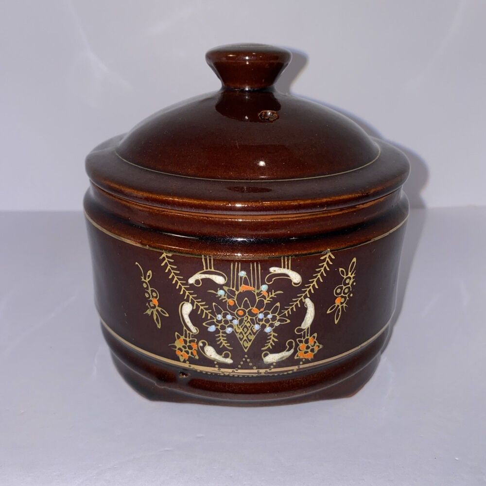 VTG 1950's Japanese Bean Pot Raised Painted Stoneware Container Lid Pottery 5"